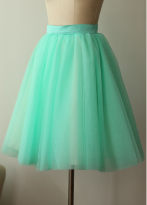 Turquoise Blue Satin Belt Tulle Knee Length Skirt